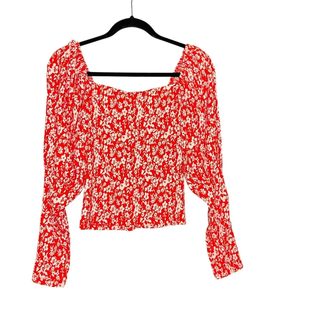 Anthropologie Red Floral Puff Sleeve Sweetheart Cropped Blouse Sz S Romance Boho